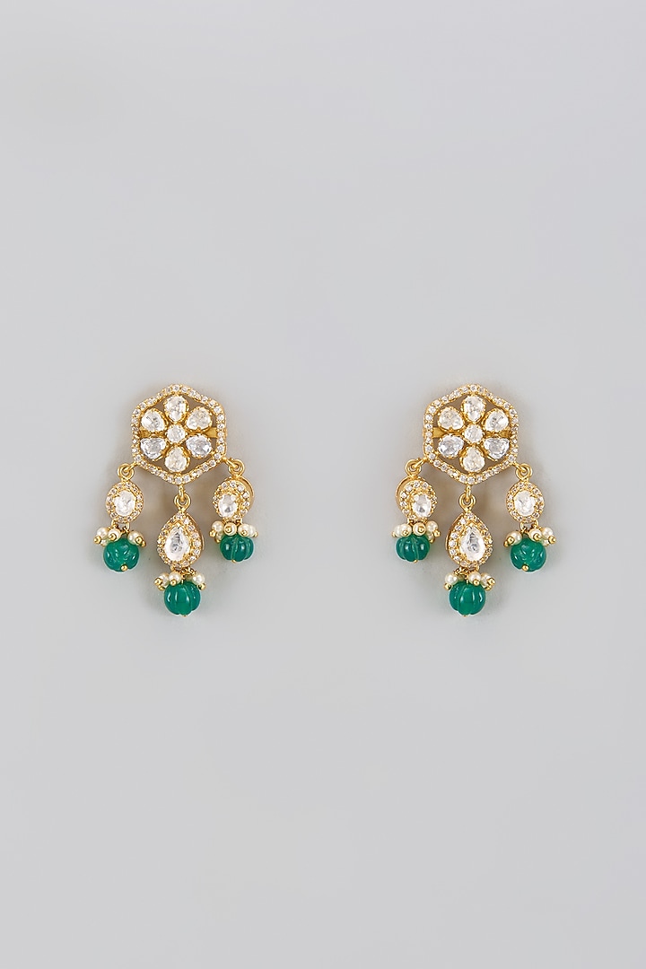 Gold Plated Green Moissanite Polki Dangler Earrings In Sterling Silver by KARISA DESIGNS at Pernia's Pop Up Shop