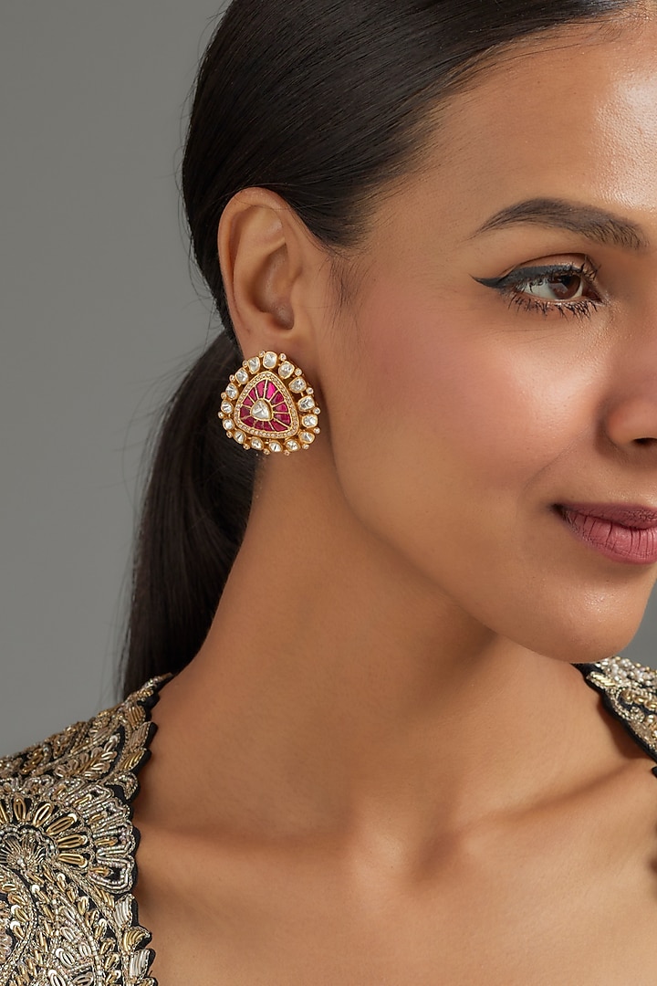 Gold Plated Red Moissanite Polki Stud Earrings In Sterling Silver by KARISA DESIGNS at Pernia's Pop Up Shop