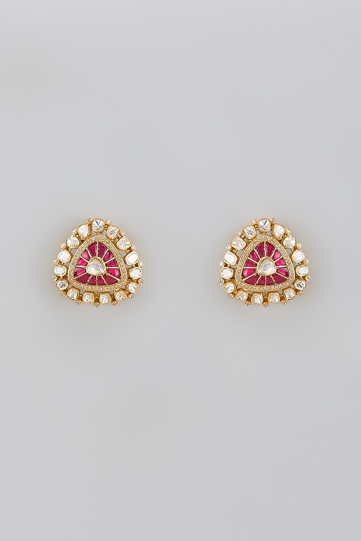 Gold Plated Red Moissanite Polki Stud Earrings In Sterling Silver by KARISA DESIGNS at Pernia's Pop Up Shop