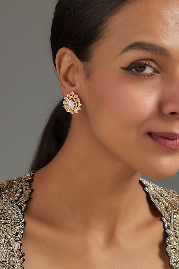 Gold Plated Moissanite Polki Stud Earrings In Sterling Silver by KARISA DESIGNS at Pernia's Pop Up Shop