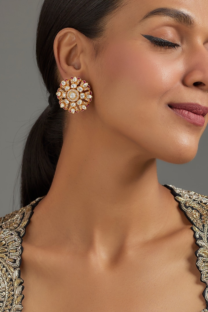 Gold Plated Moissanite Polki Stud Earrings In Sterling Silver by KARISA DESIGNS at Pernia's Pop Up Shop
