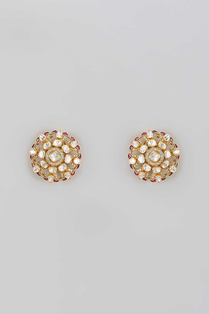 Gold Plated Moissanite Polki Stud Earrings In Sterling Silver by KARISA DESIGNS at Pernia's Pop Up Shop
