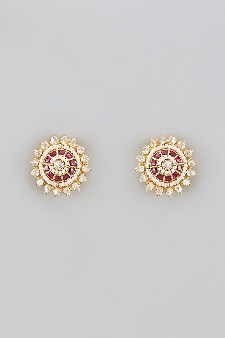 Gold Plated Red Moissanite Polki Stud Earrings In Sterling Silver Red by KARISA DESIGNS at Pernia's Pop Up Shop