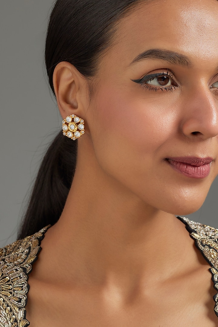 Gold Plated Moissanite Polki Stud Earrings In Sterling Silver by KARISA DESIGNS at Pernia's Pop Up Shop