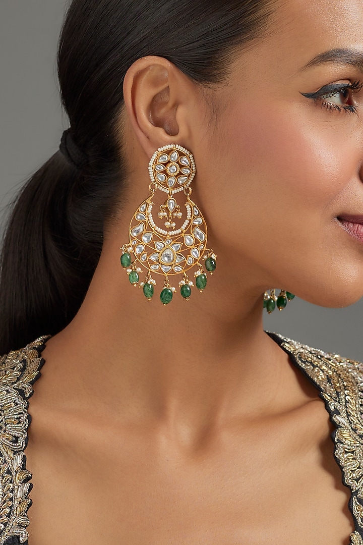 Gold Plated Moissanite Polki & Beaded Chandbali Earrings In Sterling Silver by KARISA DESIGNS at Pernia's Pop Up Shop