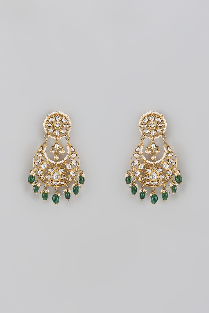Gold Plated Moissanite Polki & Beaded Chandbali Earrings In Sterling Silver by KARISA DESIGNS at Pernia's Pop Up Shop