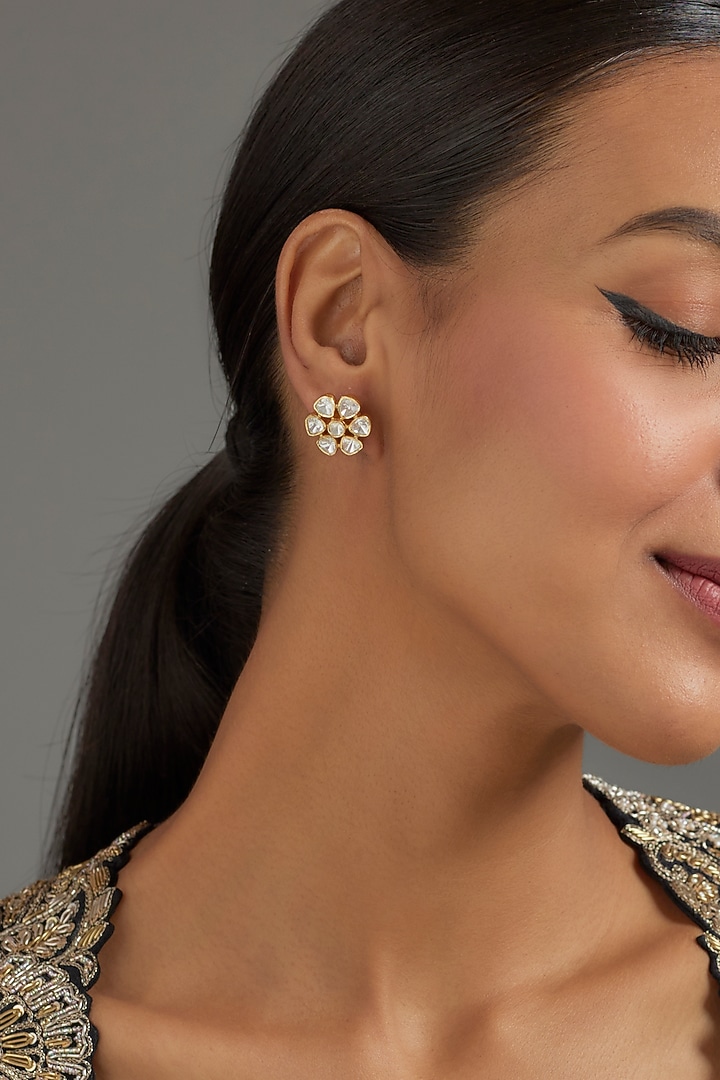 Gold Plated Moissanite Polki Stud Earrings In Sterling Silver by KARISA DESIGNS at Pernia's Pop Up Shop