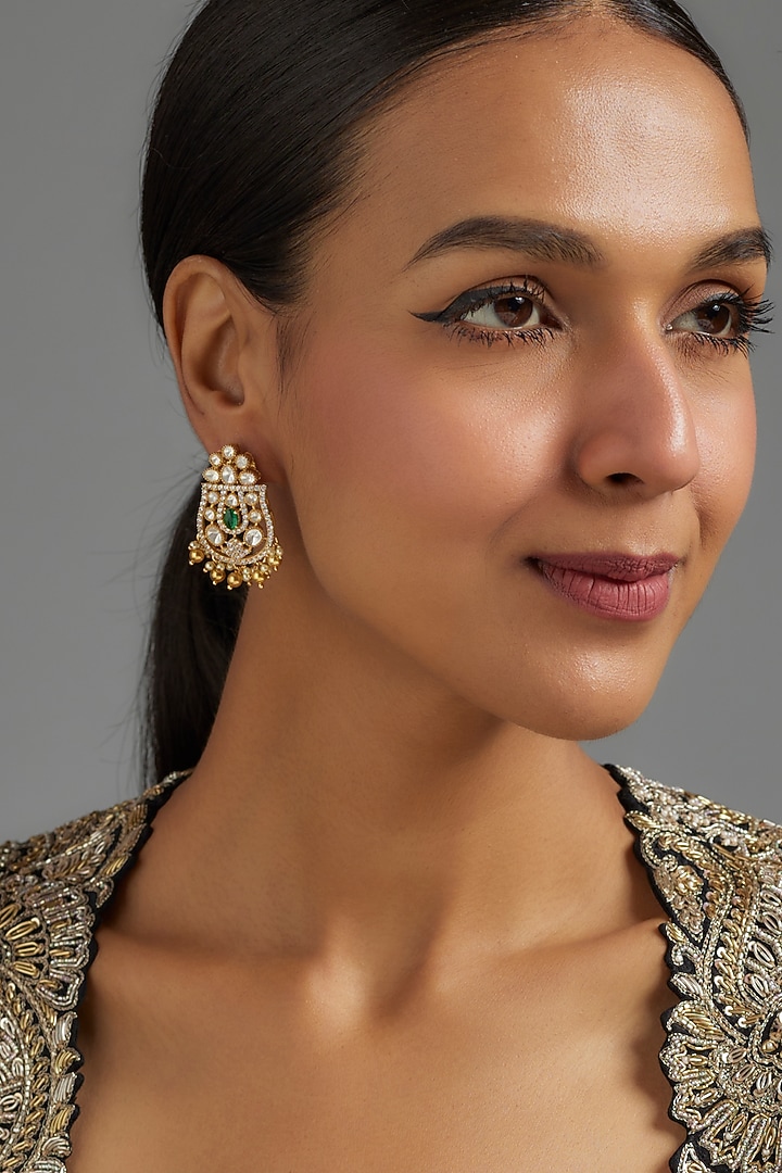 Gold Plated Green Moissanite Polki Dangler Earrings In Sterling Silver by KARISA DESIGNS at Pernia's Pop Up Shop