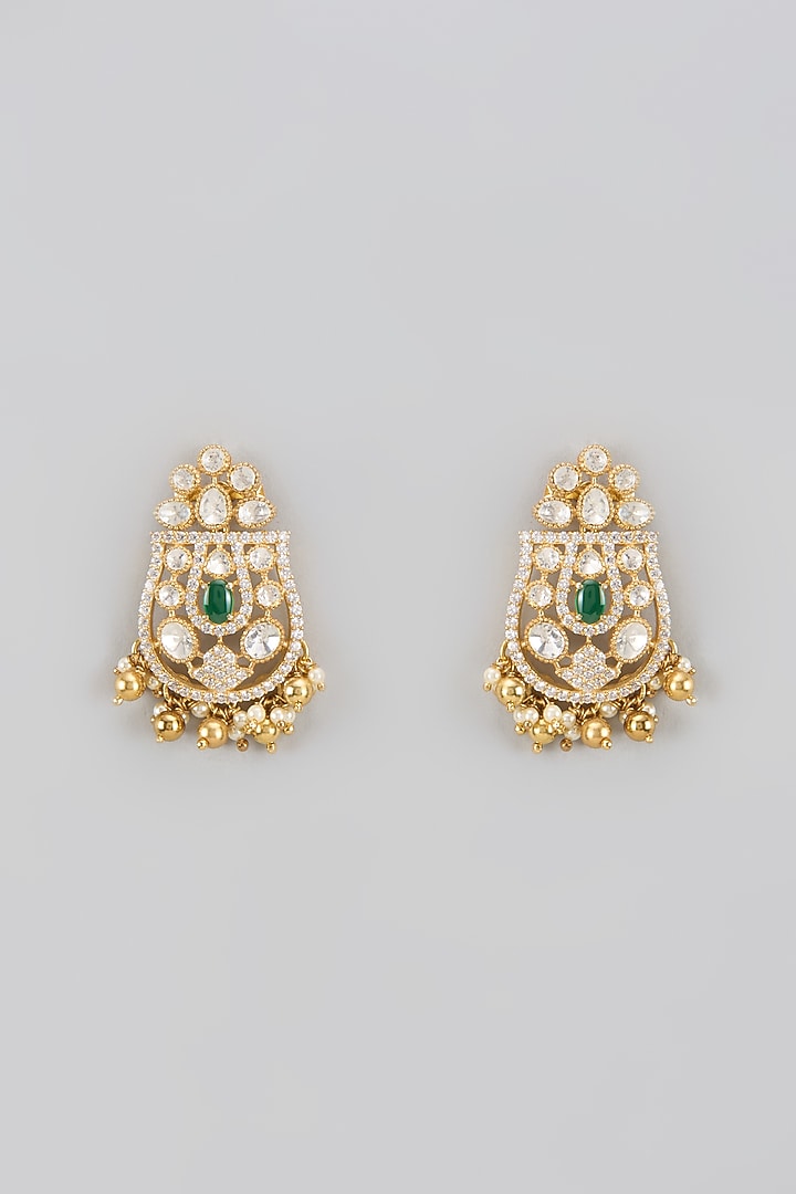 Gold Plated Green Moissanite Polki Dangler Earrings In Sterling Silver by KARISA DESIGNS at Pernia's Pop Up Shop