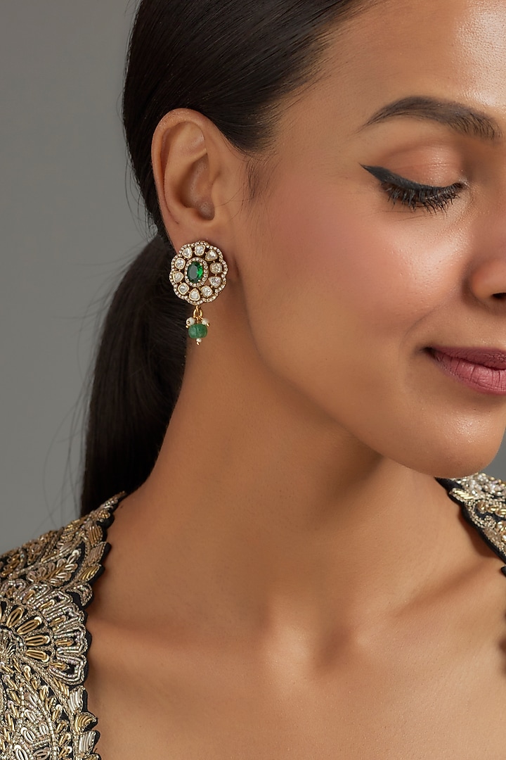 Gold Plated Green Moissanite Polki Stud Earrings In Sterling Silver by KARISA DESIGNS at Pernia's Pop Up Shop
