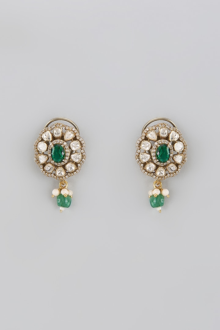 Gold Plated Green Moissanite Polki Stud Earrings In Sterling Silver by KARISA DESIGNS at Pernia's Pop Up Shop