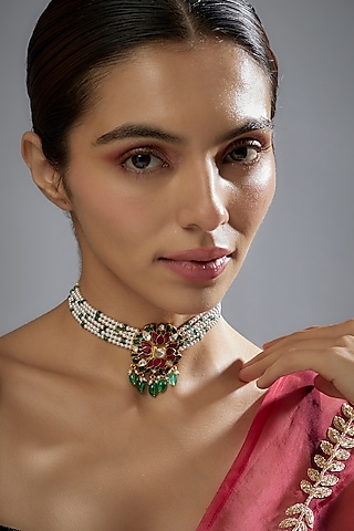 Gold Plated Moissanite Polki & Pearl Choker Necklace In Sterling Silver by KARISA DESIGNS