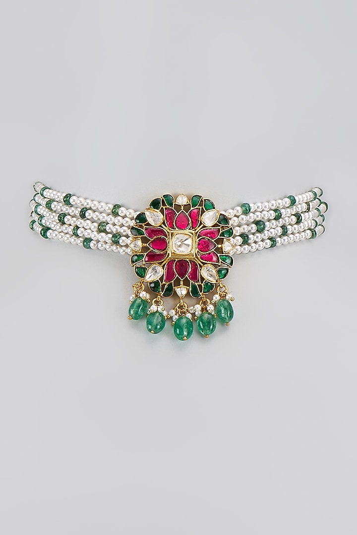 Gold Plated Moissanite Polki & Pearl Choker Necklace In Sterling Silver by KARISA DESIGNS at Pernia's Pop Up Shop
