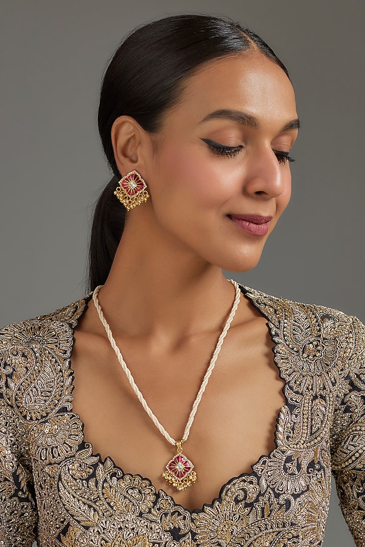 Gold Plated Red Moissanite Polki Necklace Set In Sterling Silver by KARISA DESIGNS at Pernia's Pop Up Shop