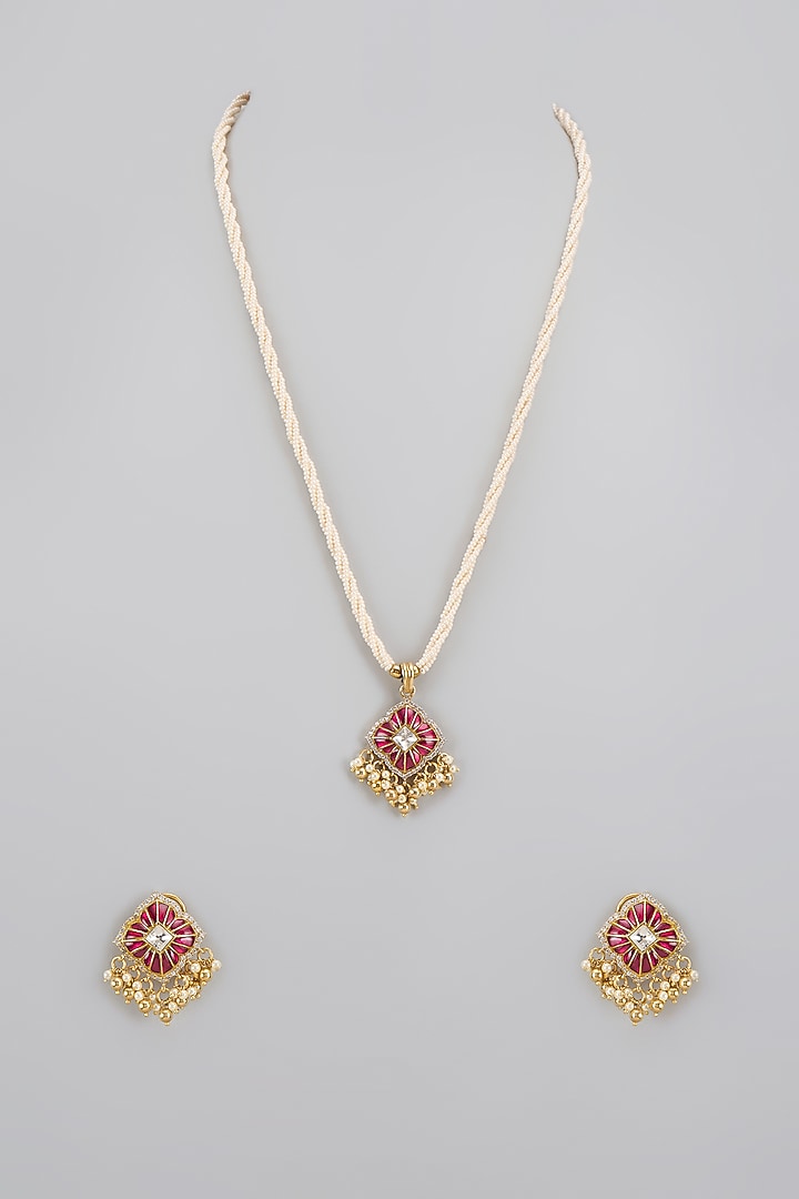 Gold Plated Red Moissanite Polki Necklace Set In Sterling Silver by KARISA DESIGNS at Pernia's Pop Up Shop