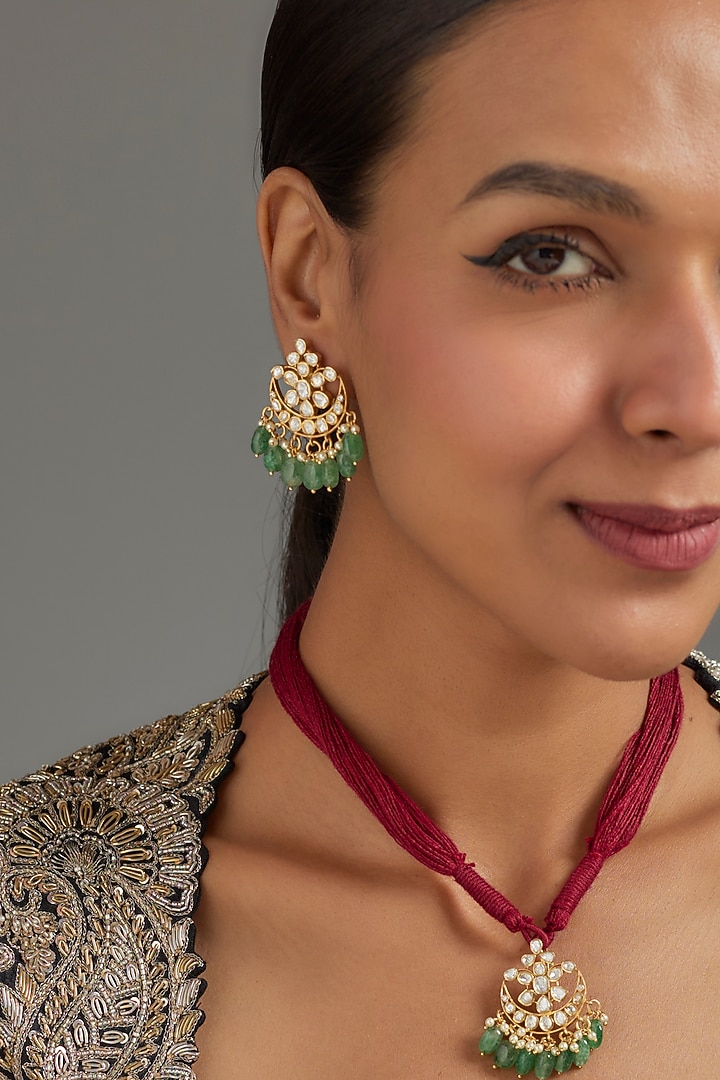 Gold Plated Green Moissanite Polki Necklace Set In Sterling Silver by KARISA DESIGNS at Pernia's Pop Up Shop