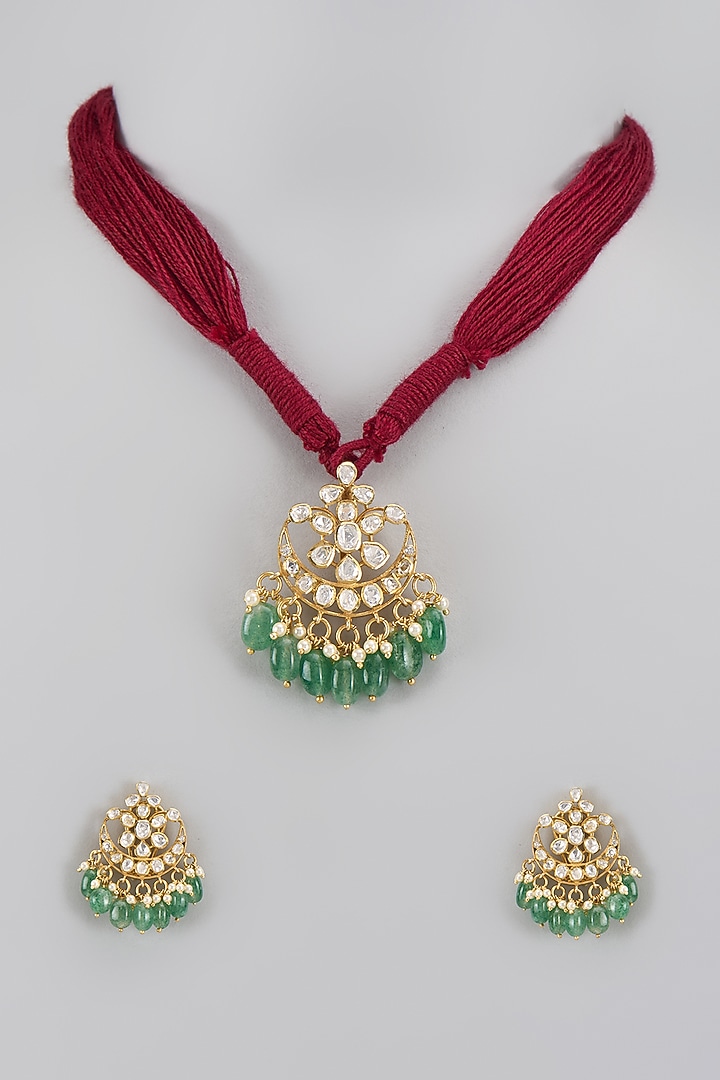Gold Plated Green Moissanite Polki Necklace Set In Sterling Silver by KARISA DESIGNS at Pernia's Pop Up Shop