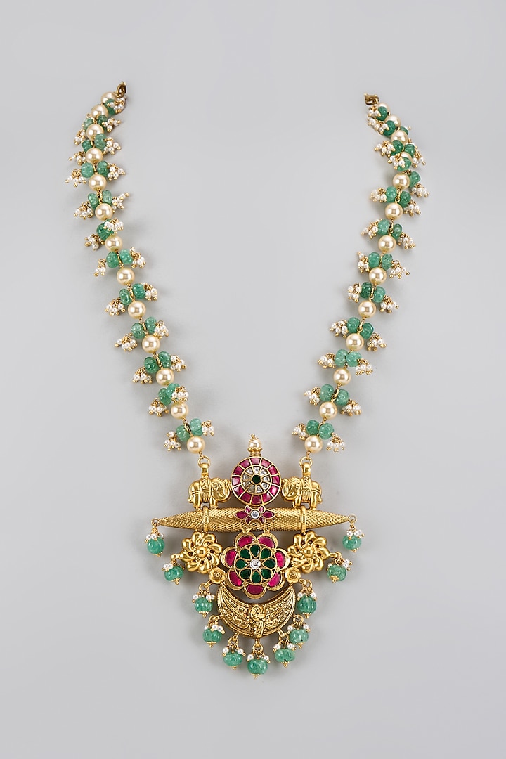Gold Plated Moissanite Polki & Pearl Necklace In Sterling Silver by KARISA DESIGNS at Pernia's Pop Up Shop