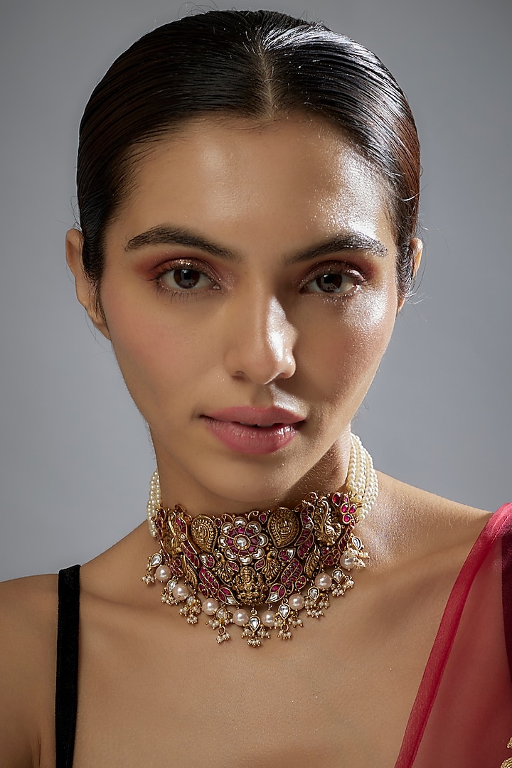 Gold Plated Red Moissanite Polki & Pearl Choker Necklace In Sterling Silver by KARISA DESIGNS at Pernia's Pop Up Shop