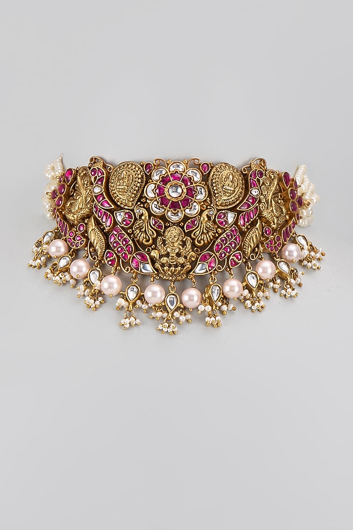 Gold Plated Red Moissanite Polki & Pearl Choker Necklace In Sterling Silver by KARISA DESIGNS at Pernia's Pop Up Shop