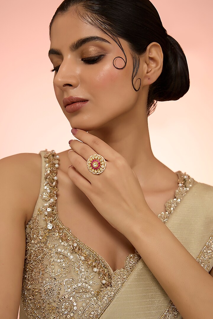 Gold Plated Red Kundan Polki Handcrafted Adjustable Ring In Sterling Silver by KARISA DESIGNS at Pernia's Pop Up Shop