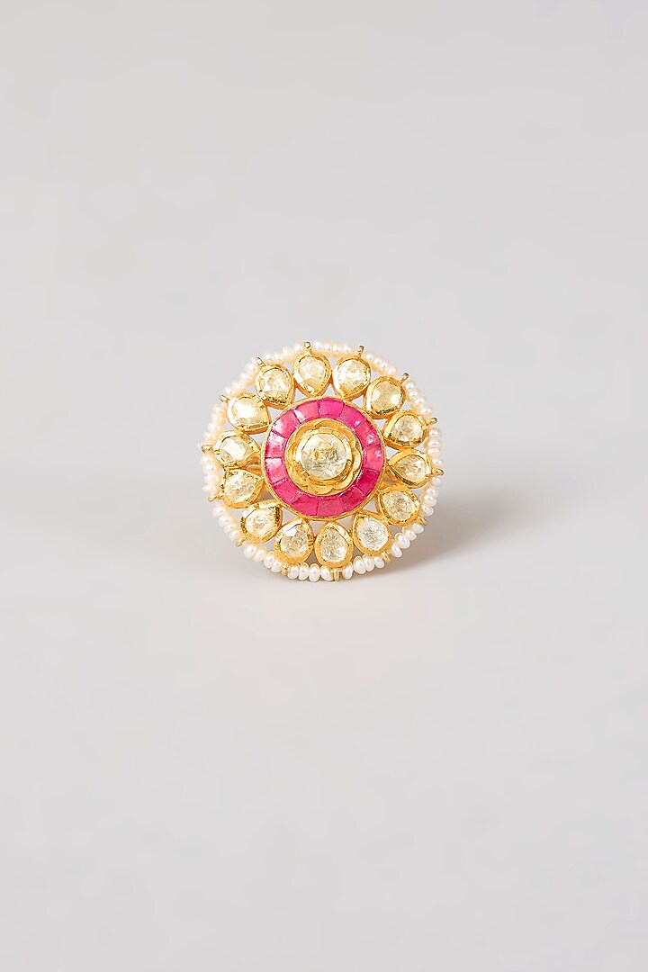 Gold Plated Red Kundan Polki Handcrafted Adjustable Ring In Sterling Silver by KARISA DESIGNS at Pernia's Pop Up Shop