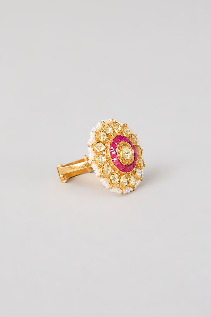 Gold Plated Red Kundan Polki Handcrafted Adjustable Ring In Sterling Silver by KARISA DESIGNS at Pernia's Pop Up Shop