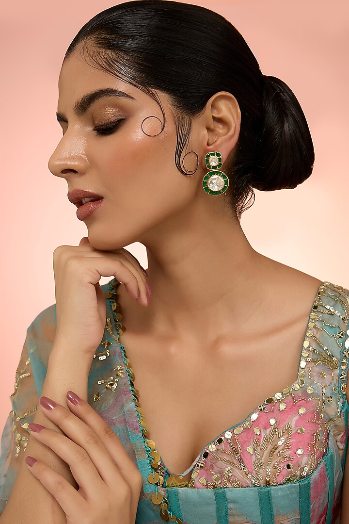 Gold Plated Green Kundan Polki Handcrafted Dangler Earrings In Sterling Silver by KARISA DESIGNS at Pernia's Pop Up Shop