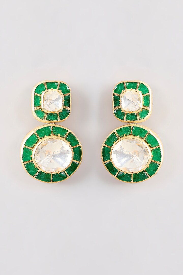 Gold Plated Green Kundan Polki Handcrafted Dangler Earrings In Sterling Silver by KARISA DESIGNS at Pernia's Pop Up Shop