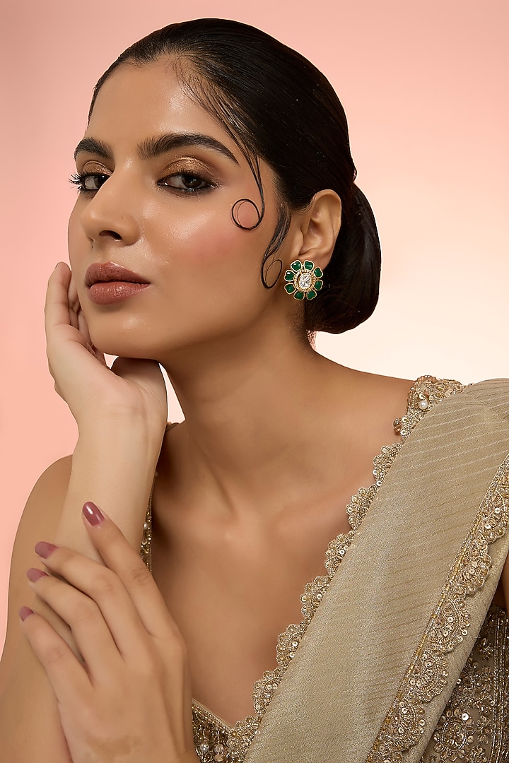 Gold Plated Green Kundan Polki Handcrafted Stud Earrings In Sterling Silver by KARISA DESIGNS at Pernia's Pop Up Shop