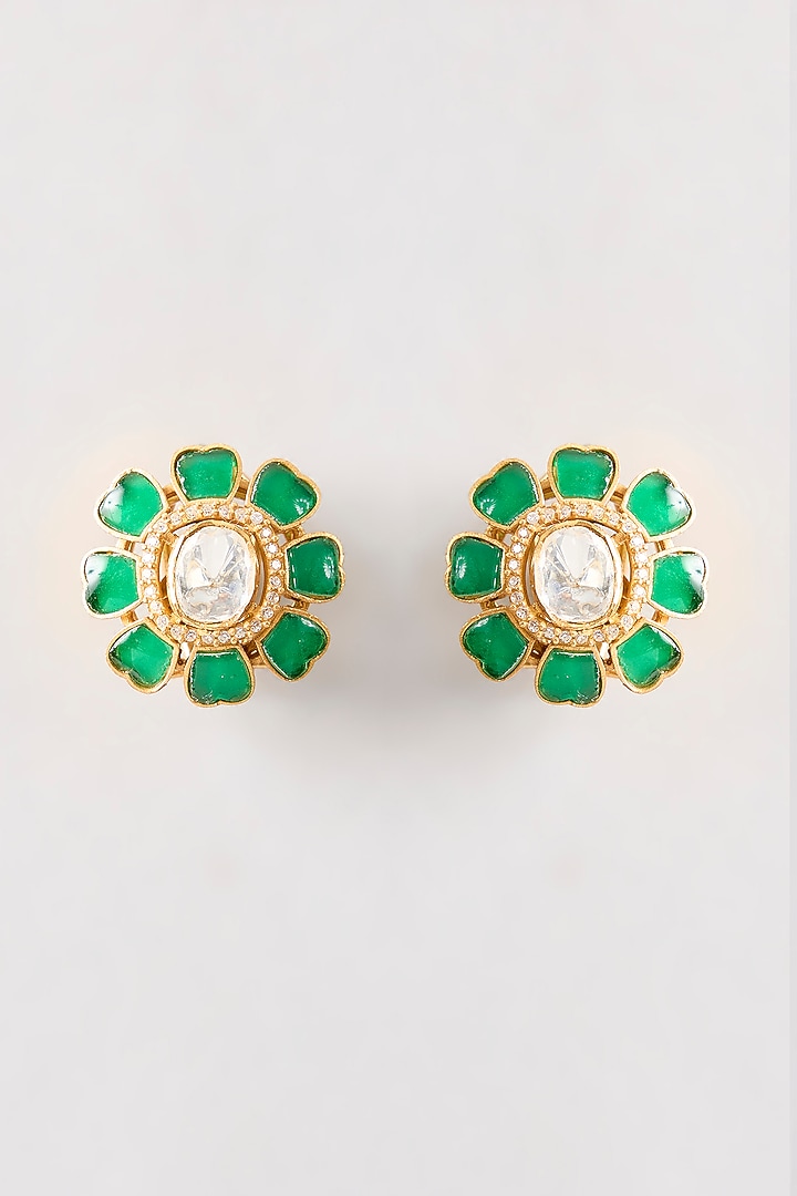 Gold Plated Green Kundan Polki Handcrafted Stud Earrings In Sterling Silver by KARISA DESIGNS at Pernia's Pop Up Shop
