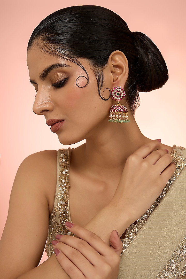 Gold Plated Red Kundan Polki Handcrafted Dangler Earrings In Sterling Silver by KARISA DESIGNS at Pernia's Pop Up Shop