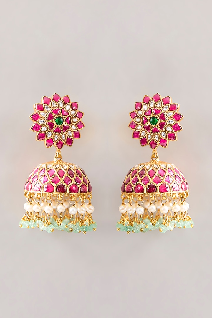 Gold Plated Red Kundan Polki Handcrafted Dangler Earrings In Sterling Silver by KARISA DESIGNS at Pernia's Pop Up Shop