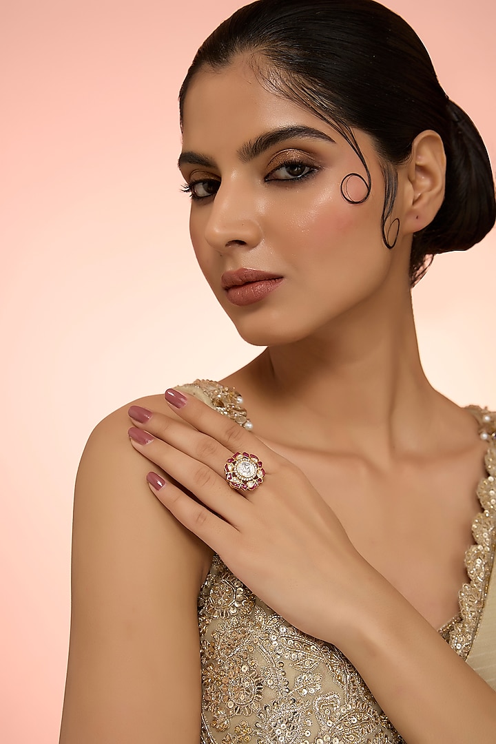 Gold Plated Red Kundan Polki Handcrafted Adjustable Ring In Sterling Silver by KARISA DESIGNS at Pernia's Pop Up Shop