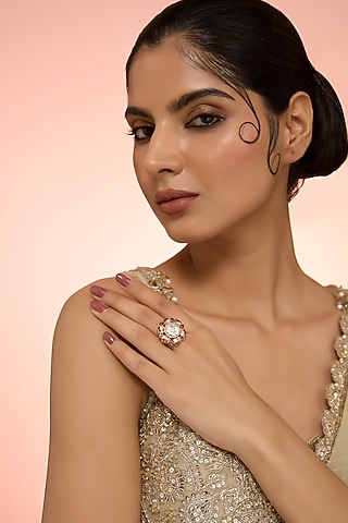 Gold Plated Red Kundan Polki Handcrafted Adjustable Ring In Sterling Silver by KARISA DESIGNS