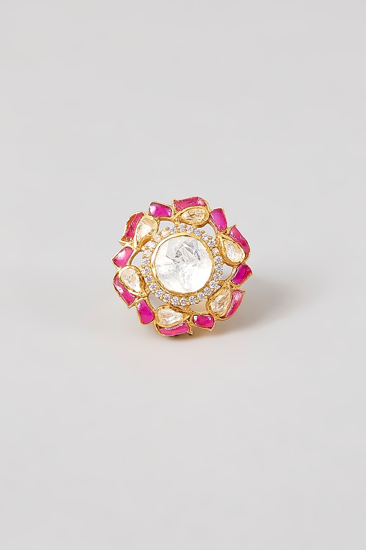 Gold Plated Red Kundan Polki Handcrafted Adjustable Ring In Sterling Silver by KARISA DESIGNS at Pernia's Pop Up Shop