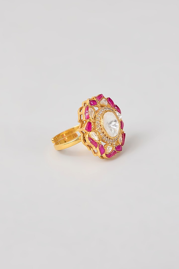 Gold Plated Red Kundan Polki Handcrafted Adjustable Ring In Sterling Silver by KARISA DESIGNS at Pernia's Pop Up Shop