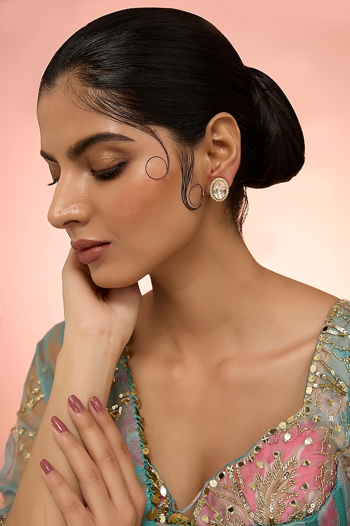 Gold Plated White Kundan Polki Handcrafted Stud Earrings In Sterling Silver by KARISA DESIGNS at Pernia's Pop Up Shop