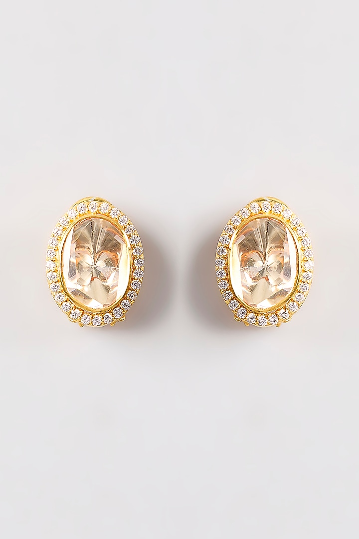 Gold Plated White Kundan Polki Handcrafted Stud Earrings In Sterling Silver by KARISA DESIGNS at Pernia's Pop Up Shop