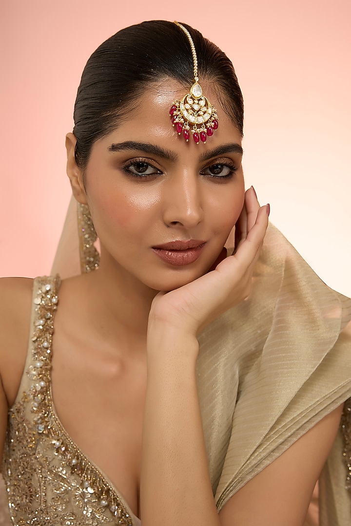 Gold Plated Red Kundan Polki Handcrafted Maangtikka In Sterling Silver by KARISA DESIGNS at Pernia's Pop Up Shop