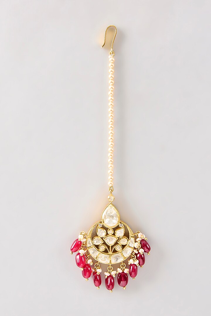 Gold Plated Red Kundan Polki Handcrafted Maangtikka In Sterling Silver by KARISA DESIGNS at Pernia's Pop Up Shop