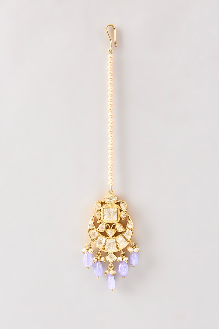 Gold Plated White Kundan Polki Handcrafted Maangtikka In Sterling Silver by KARISA DESIGNS at Pernia's Pop Up Shop