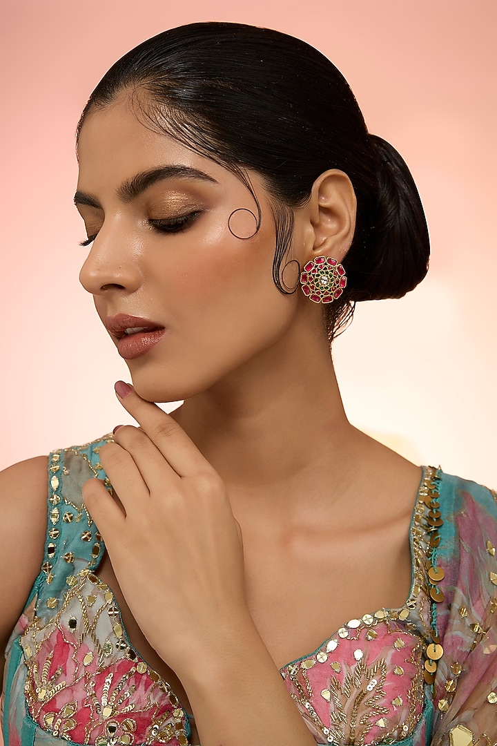 Gold Plated Red Kundan Polki Handcrafted Stud Earrings In Sterling Silver by KARISA DESIGNS at Pernia's Pop Up Shop