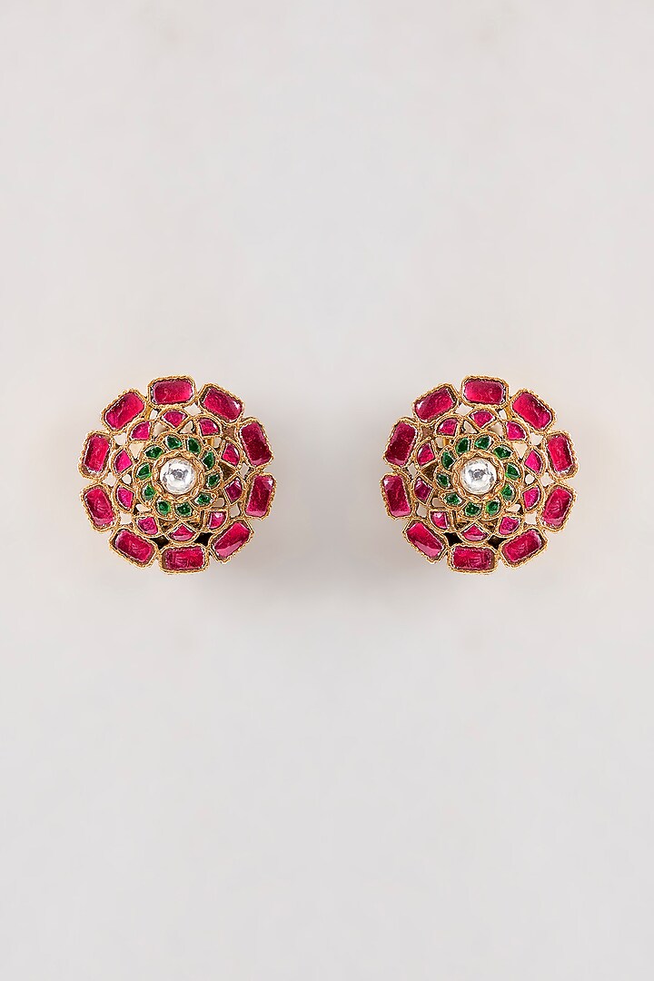 Gold Plated Red Kundan Polki Handcrafted Stud Earrings In Sterling Silver by KARISA DESIGNS at Pernia's Pop Up Shop