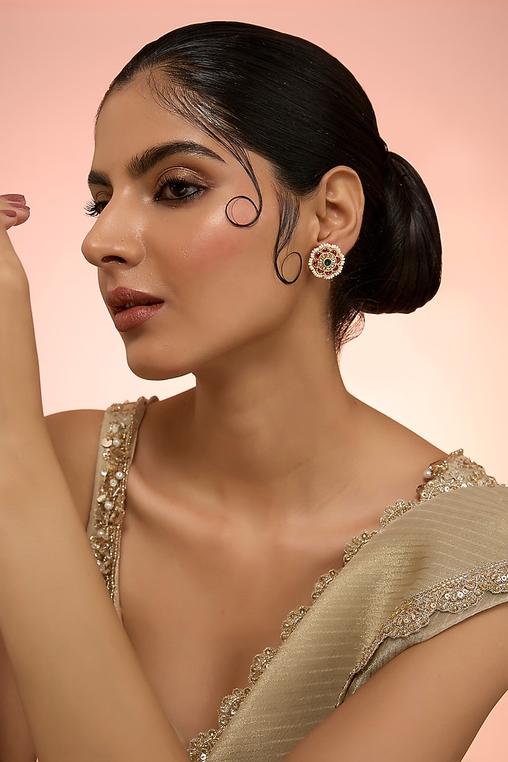 Gold Plated Red Kundan Polki Handcrafted Stud Earrings In Sterling Silver by KARISA DESIGNS at Pernia's Pop Up Shop