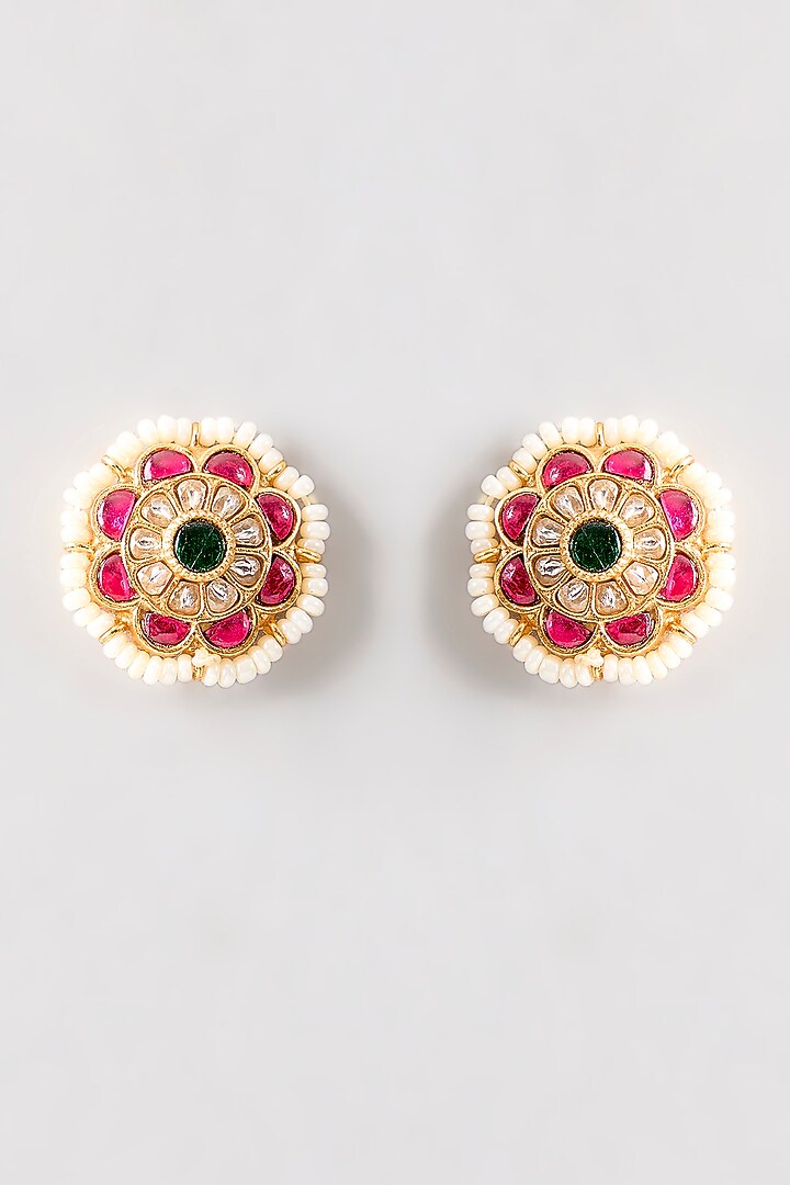 Gold Plated Red Kundan Polki Handcrafted Stud Earrings In Sterling Silver by KARISA DESIGNS at Pernia's Pop Up Shop