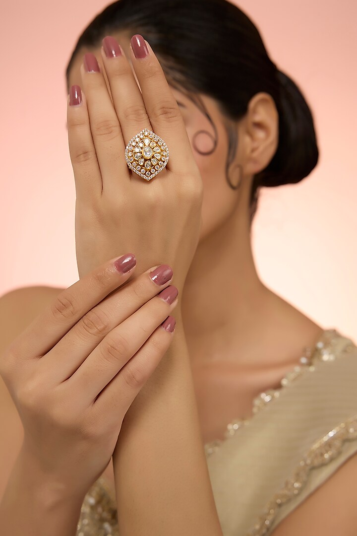 Gold Plated White Kundan Polki Handcrafted Adjustable Ring In Sterling Silver by KARISA DESIGNS at Pernia's Pop Up Shop