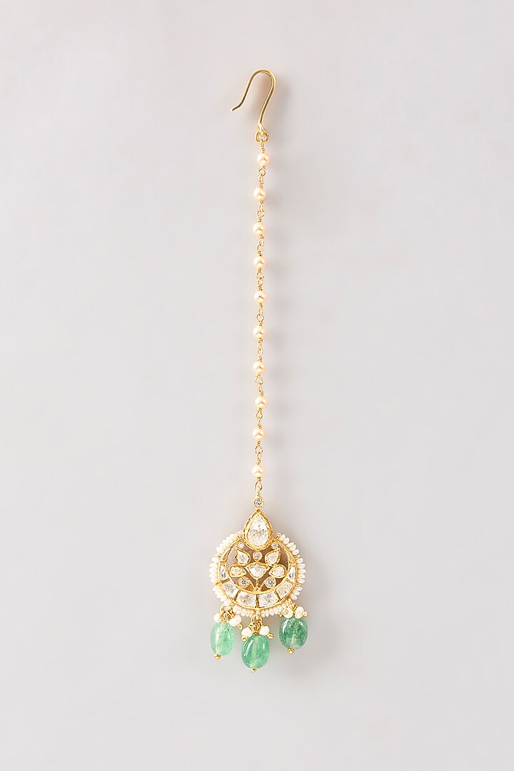 Gold Plated Green Kundan Polki Handcrafted Maangtikka In Sterling Silver In Sterling Silver by KARISA DESIGNS at Pernia's Pop Up Shop