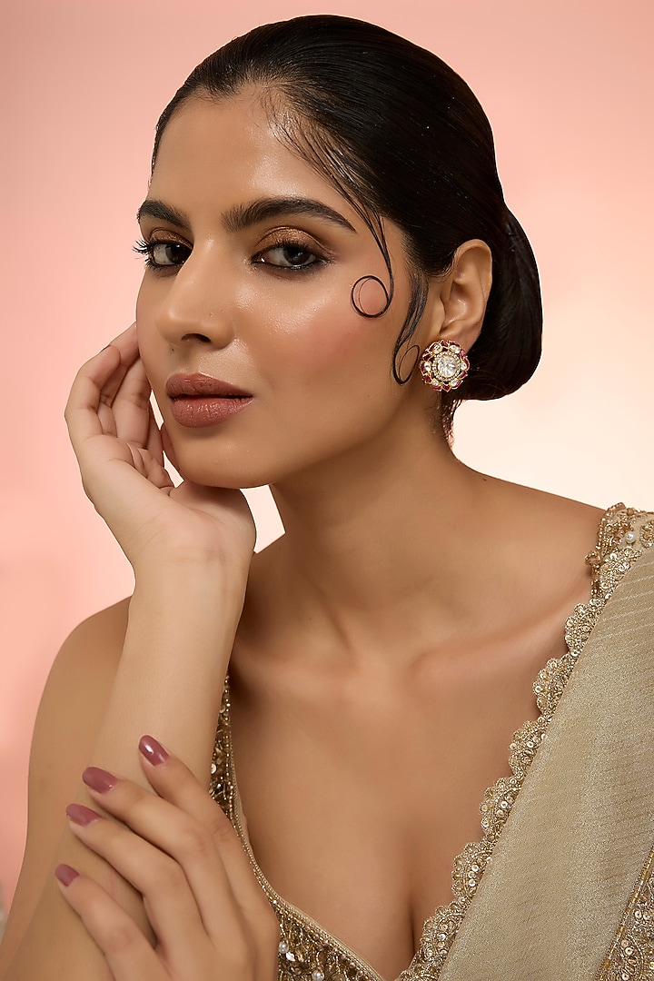 Gold Plated Red Kundan Polki Handcrafted Stud Earrings In Sterling Silver by KARISA DESIGNS at Pernia's Pop Up Shop