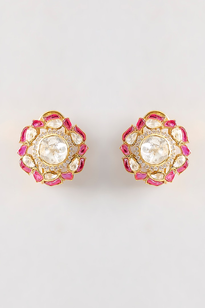 Gold Plated Red Kundan Polki Handcrafted Stud Earrings In Sterling Silver by KARISA DESIGNS at Pernia's Pop Up Shop